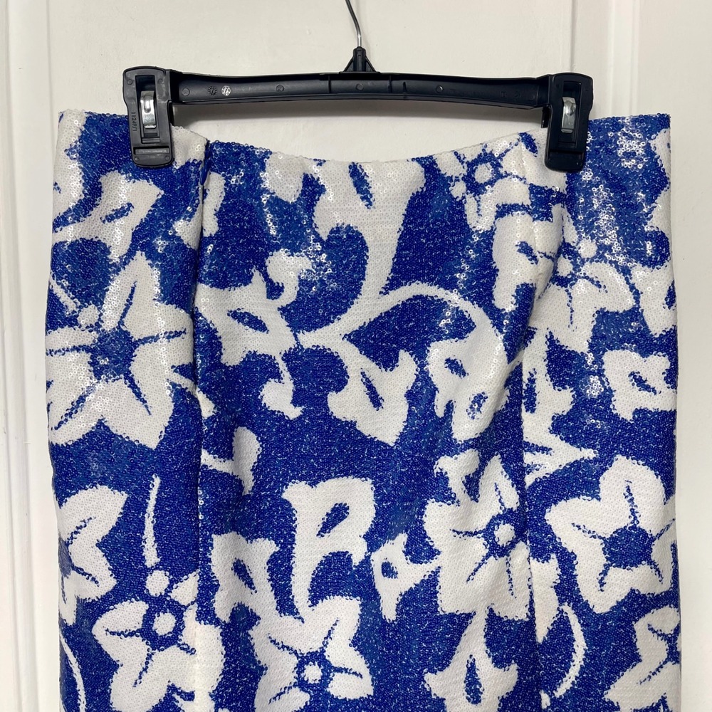 Diane Von Furstenberg Floral Sequin Drape Skirt In White & Blue Size 10 - Picture 8 of 14